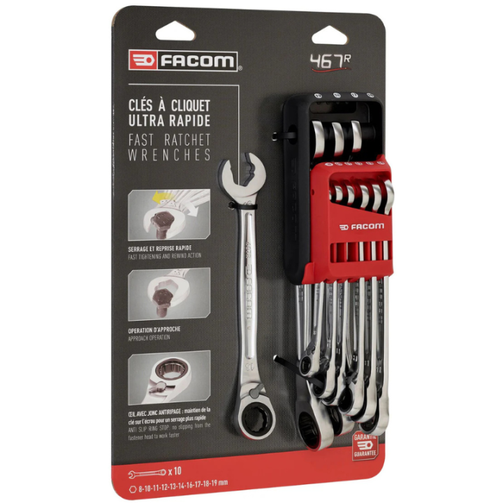 Jeu de 10 clés mixtes à fourche à cliquet métriques de 8à19mm - FACOM 467BR.JP10PB