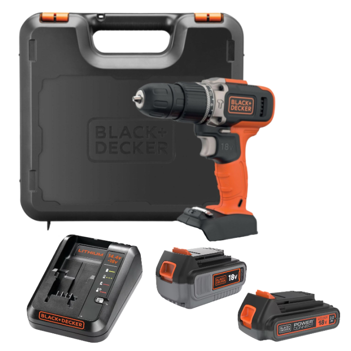 Perceuse-visseuse à percussion 18V 45Nm (1x2Ah + 1x4Ah + chargeur) en coffret - BLACK+DECKER BCD003MEM2K-QW